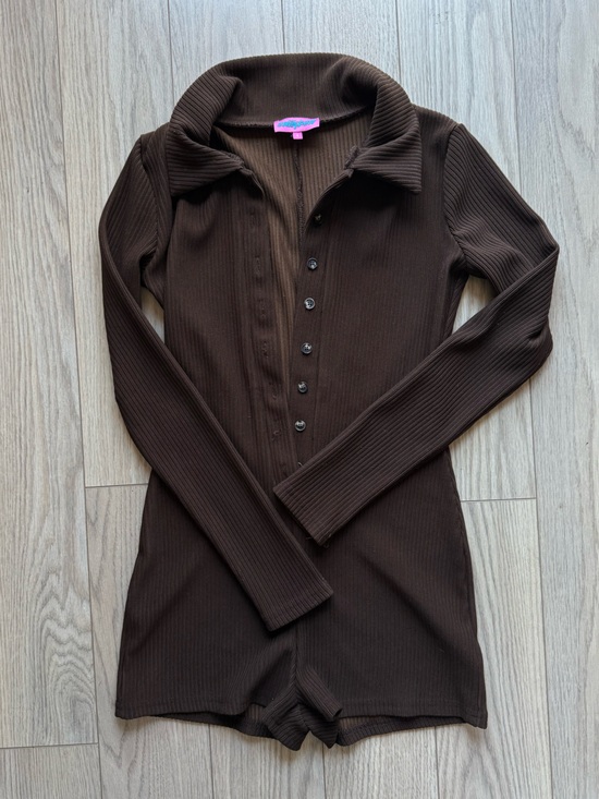 Edikted Pants - Edikted Chocolate Brown Ribbed Button Romper
